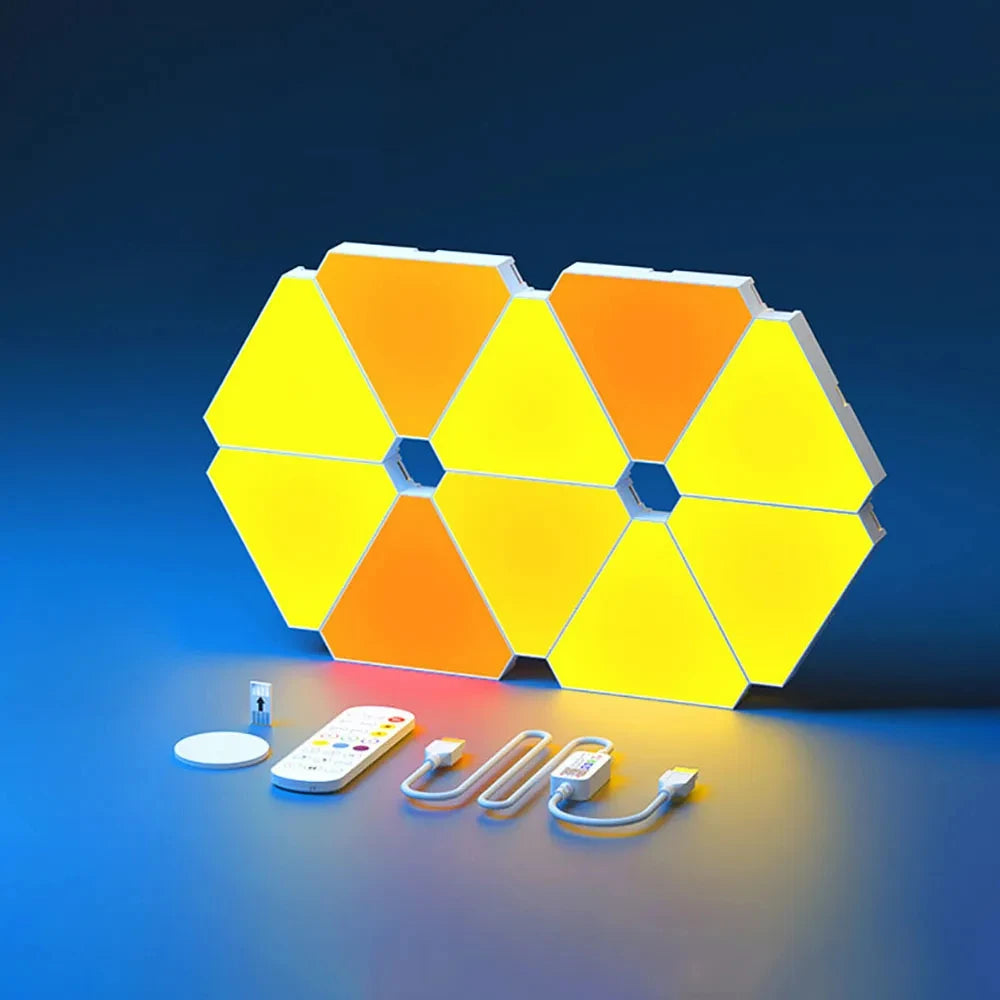 Hexagonal LED light panels with remote control on a blue background