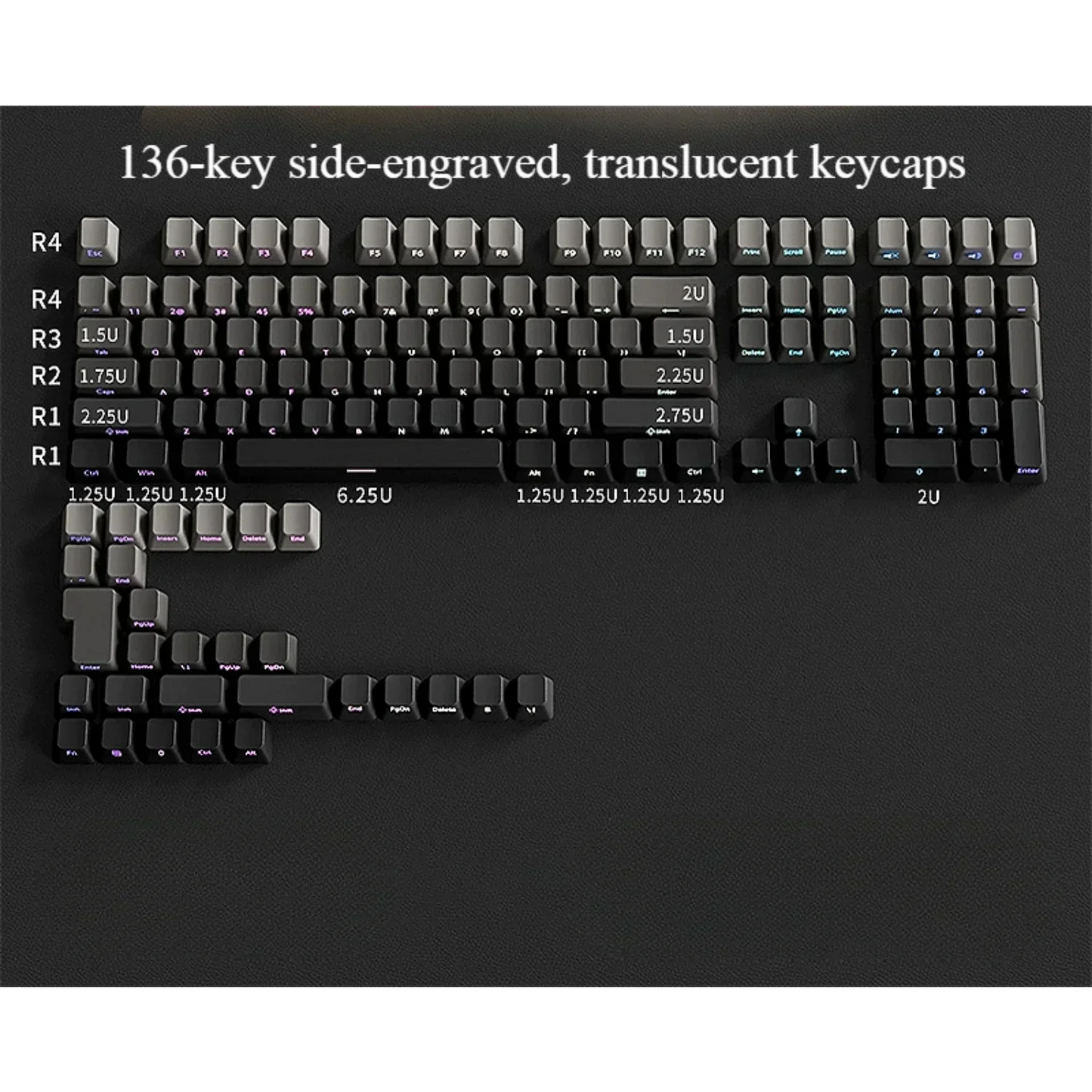 Keyboard with engraved keycaps on a black background