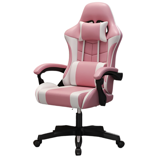 Pink and white office chair in a home office setting with a desk and shelves.