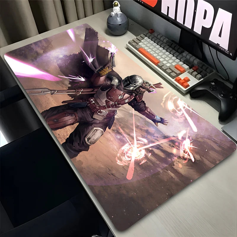 Desk setup with a large mouse pad featuring a fantasy warrior design.
