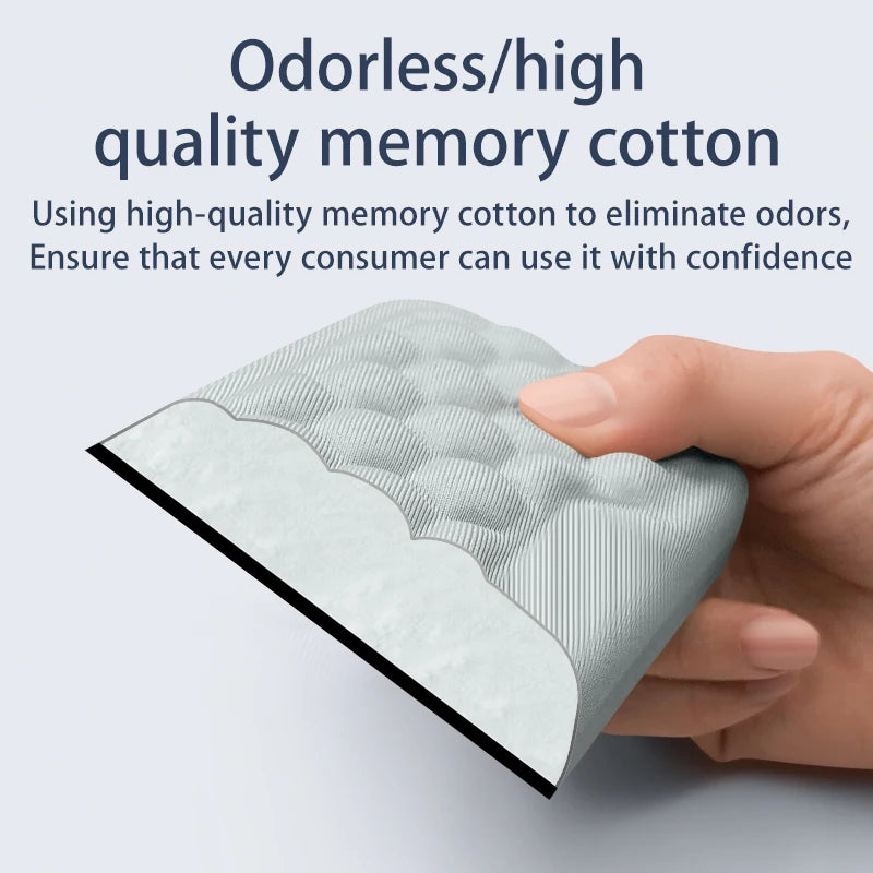 Hand holding a package of odorless/high quality memory cotton with text on a light gray background