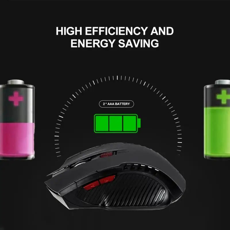 Black gaming mouse with battery icons and text on a black background