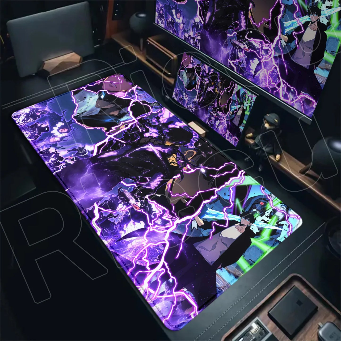 Gaming desk setup with a large purple and black marble-patterned mouse pad.