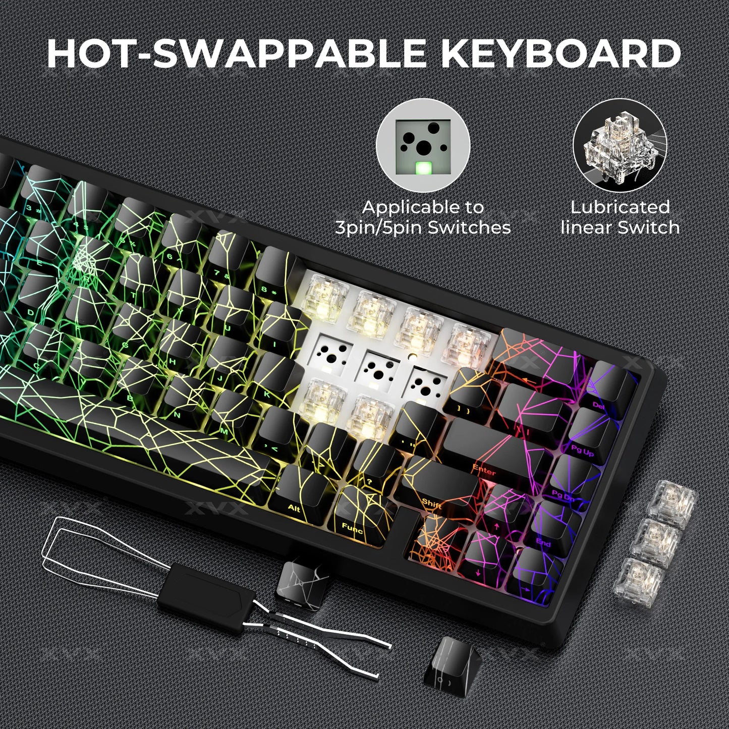 Hot-swappable keyboard with switch demonstration on a dark surface