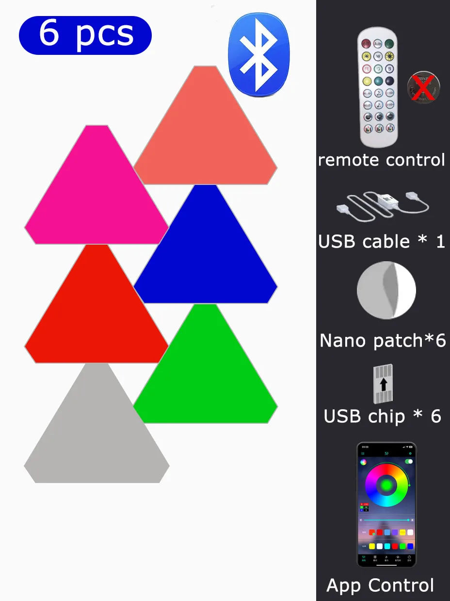 Colorful triangular lights with Bluetooth symbol, remote control, USB cable, nano patch, and USB chip on a white background.