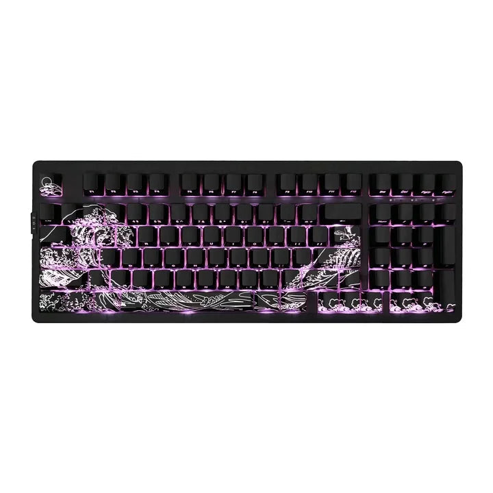 Mechanical keyboard with black and purple design on a white background