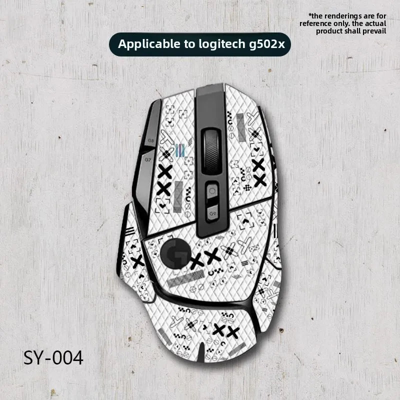 White gaming mouse with black patterns on a light gray background
