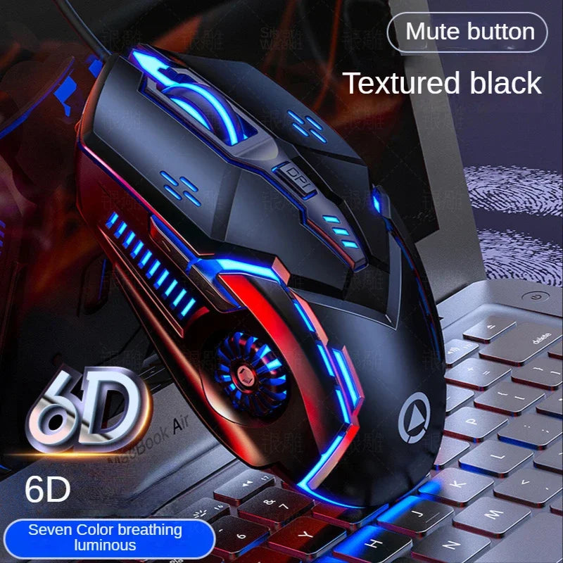 Gaming mouse with RGB lighting on a laptop keyboard, featuring a mute button and textured black finish.