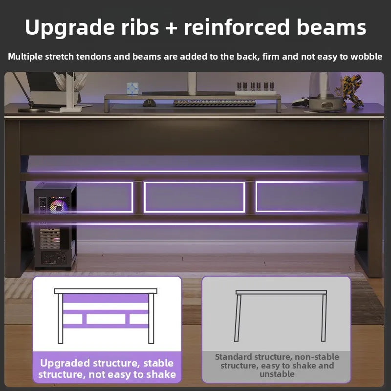 Computer desk with upgraded structure features highlighted, including stretch tendons and reinforced beams.