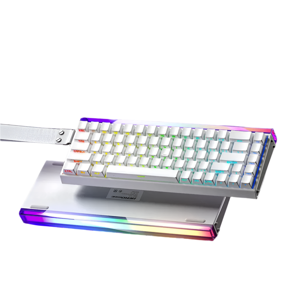 Aula Hero 68HE magnetic switch keyboard with specifications on a purple background