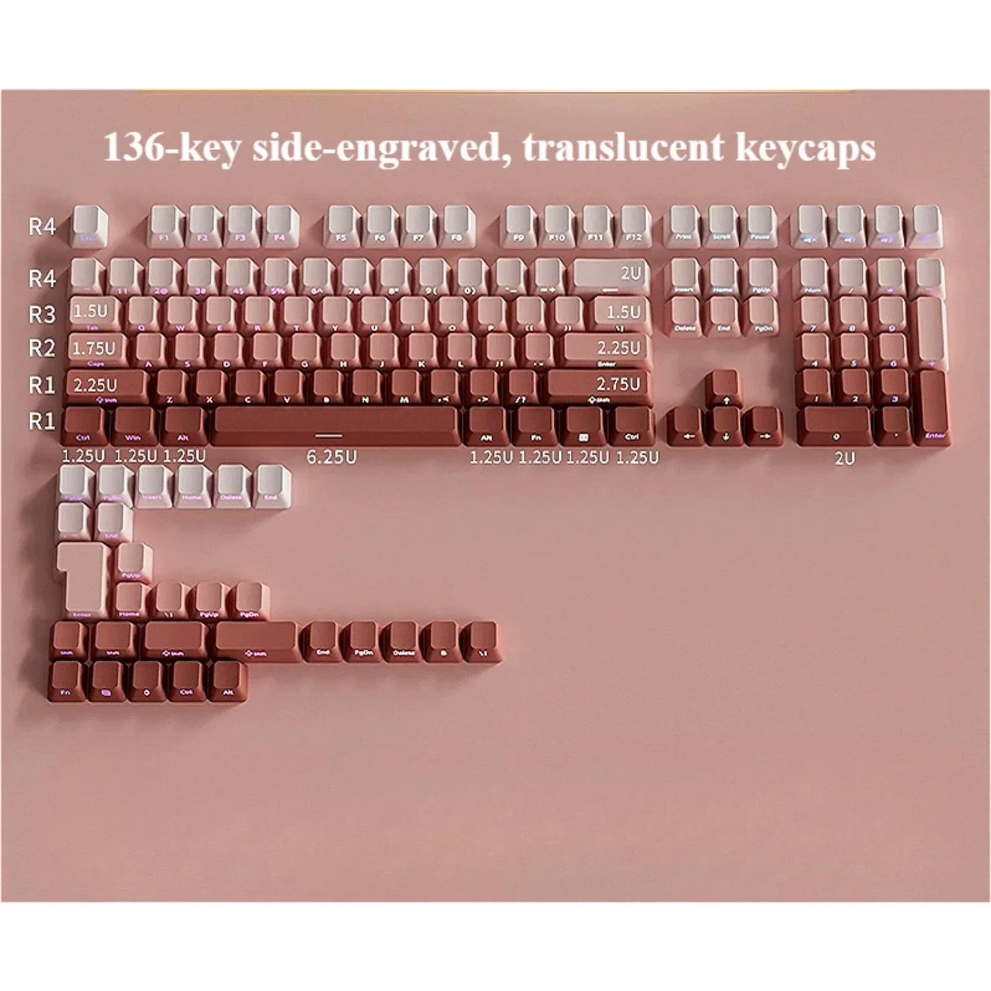 Keyboard with side-engraved, translucent keycaps on a pink background