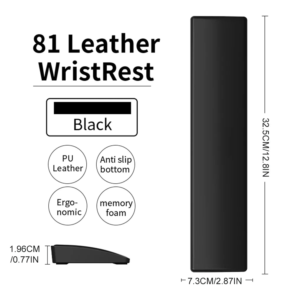 Black leather wrist rest with features and dimensions on a white background