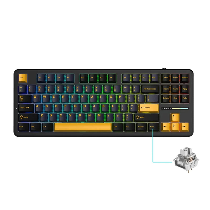 Mechanical keyboard with RGB lighting and a switch on a white background