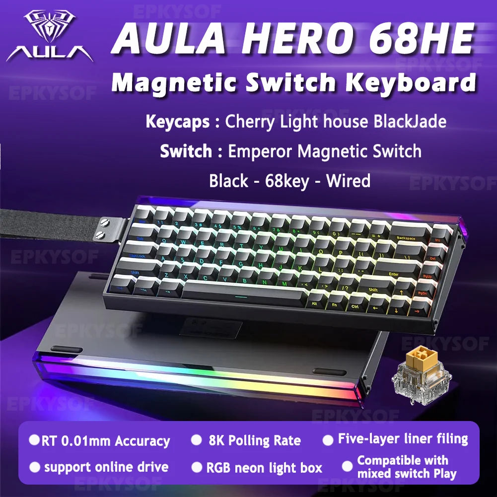 Aula Hero 68HE magnetic switch keyboard with specifications on a purple background