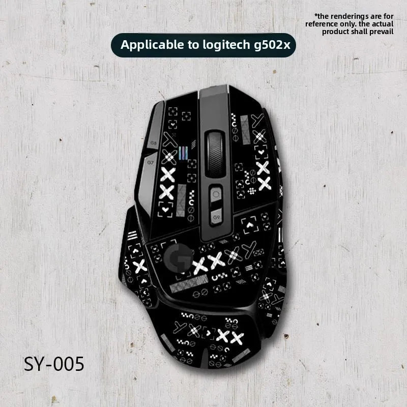 Black gaming mouse with white symbols on a gray textured background