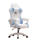 White and blue gaming chair with 'ZAYOUGE' branding in a room with a computer setup.