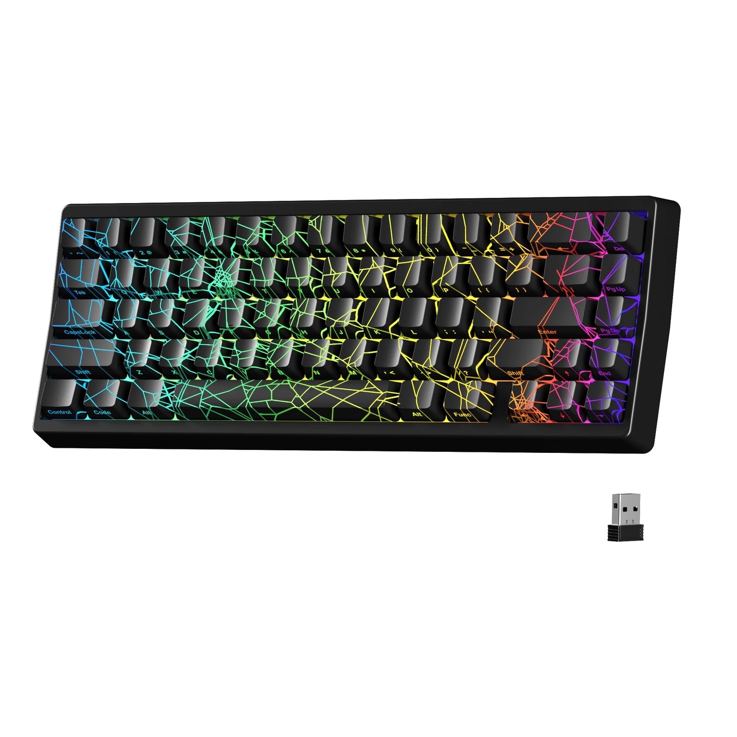 Gaming keyboard with colorful backlit keys and a USB receiver on a white background