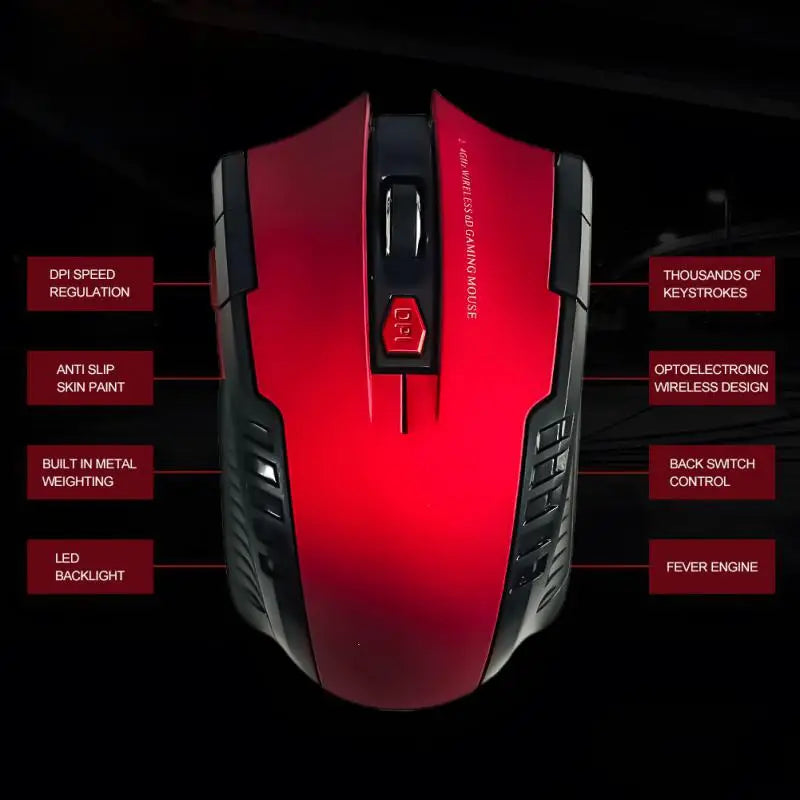 Red gaming mouse with features listed on a black background