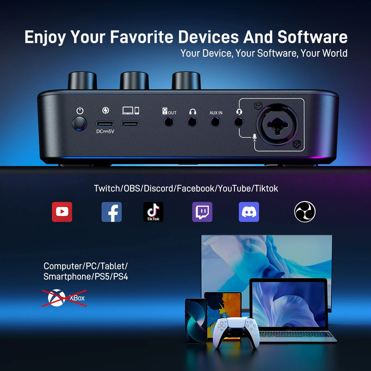 Electronic device with connectivity options on a blue gradient background, featuring social media and technology device icons.