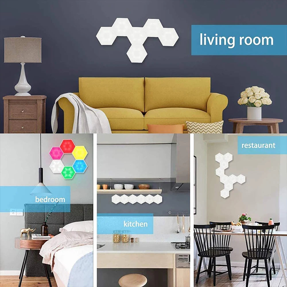 Living room with yellow sofa, lamp, and decorative elements. Collage of different rooms showing the same light fixture.