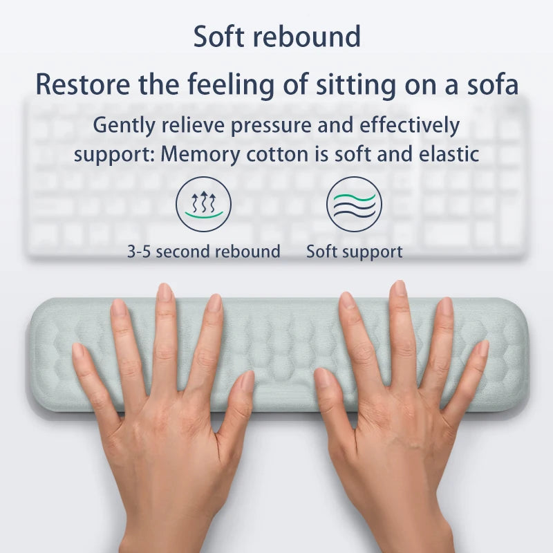 Memory foam cushion with text on soft rebound and comfort, hands demonstrating cushion's size.