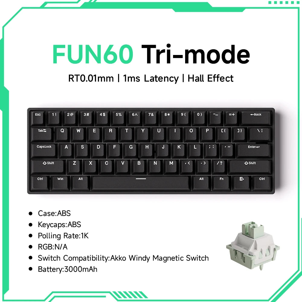 Black keyboard with text detailing features on a white background