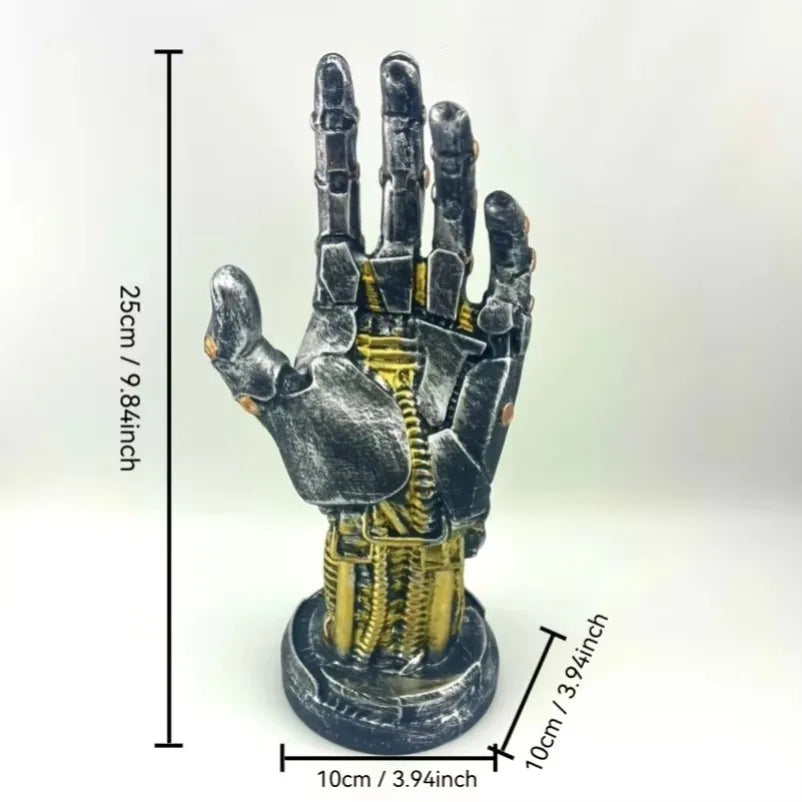 Mechanical hand sculpture with measurements on a white background