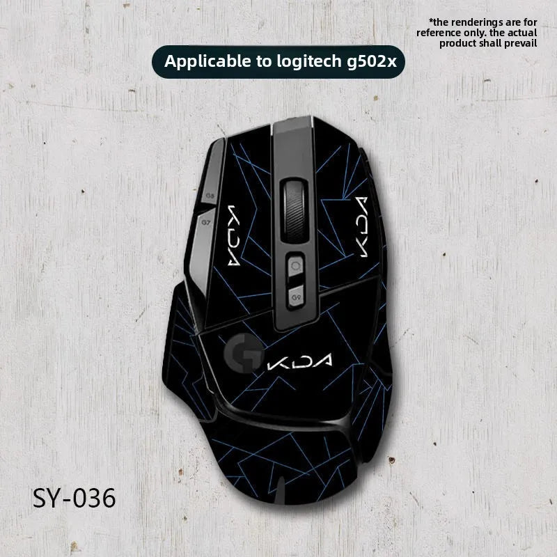 Black gaming mouse with KDA branding on a light gray background