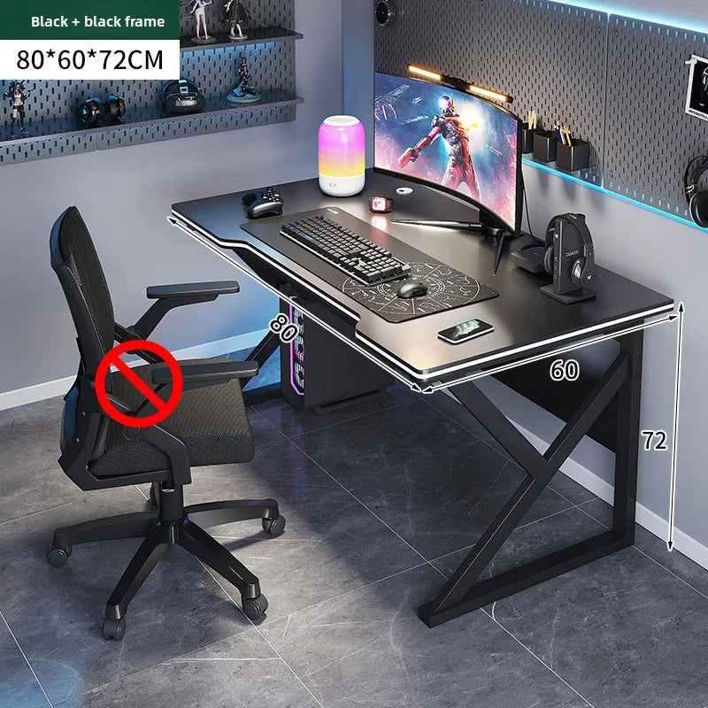 Gaming desk setup with a chair labeled 'No' on a gray floor.