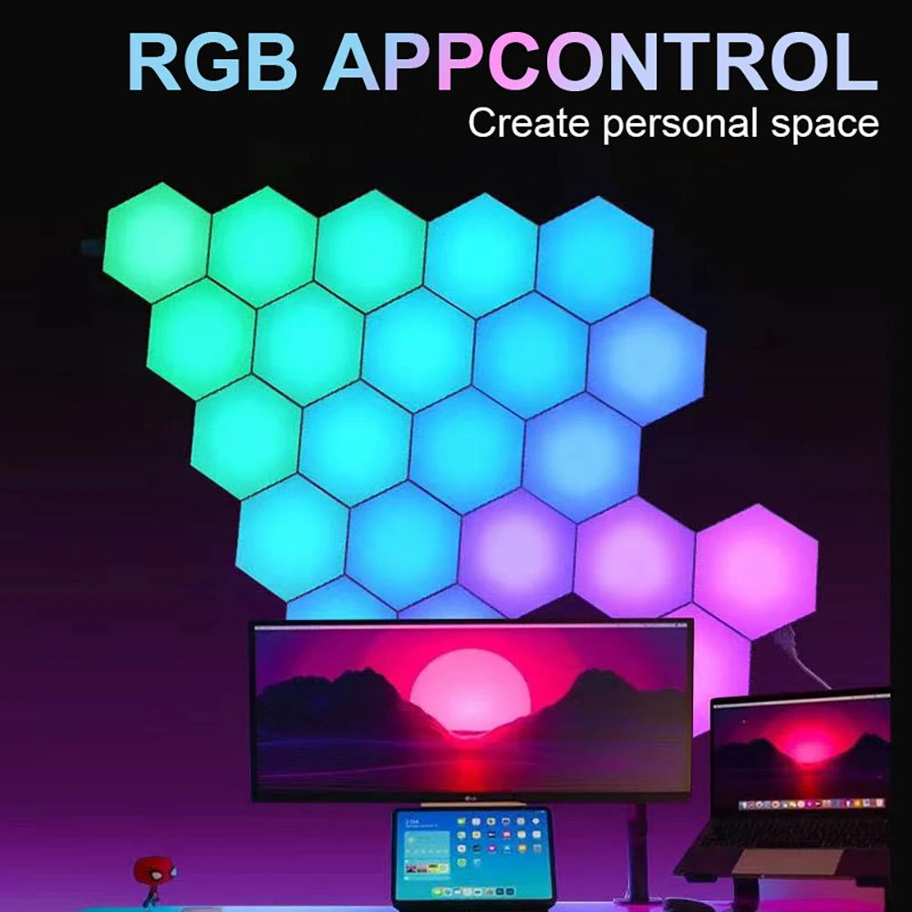 RGB LED wall lights with app control feature, displaying colorful hexagonal panels.
