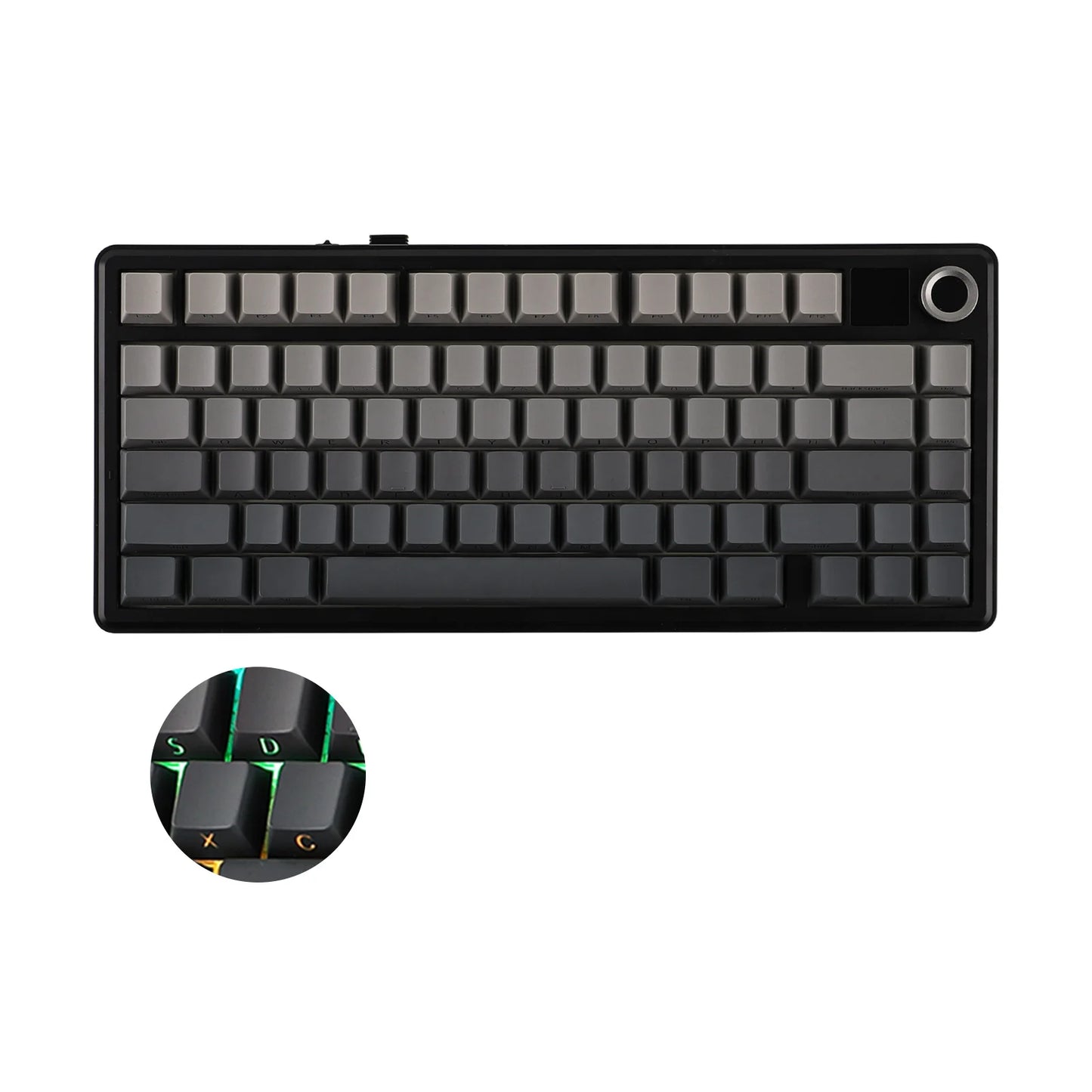 Mechanical keyboard with a close-up of keycaps on a white background