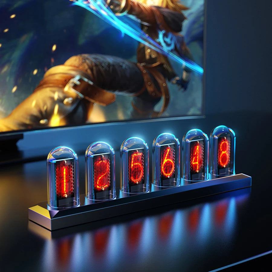 Digital clock with glowing red numbers in front of a screen displaying an animated character.