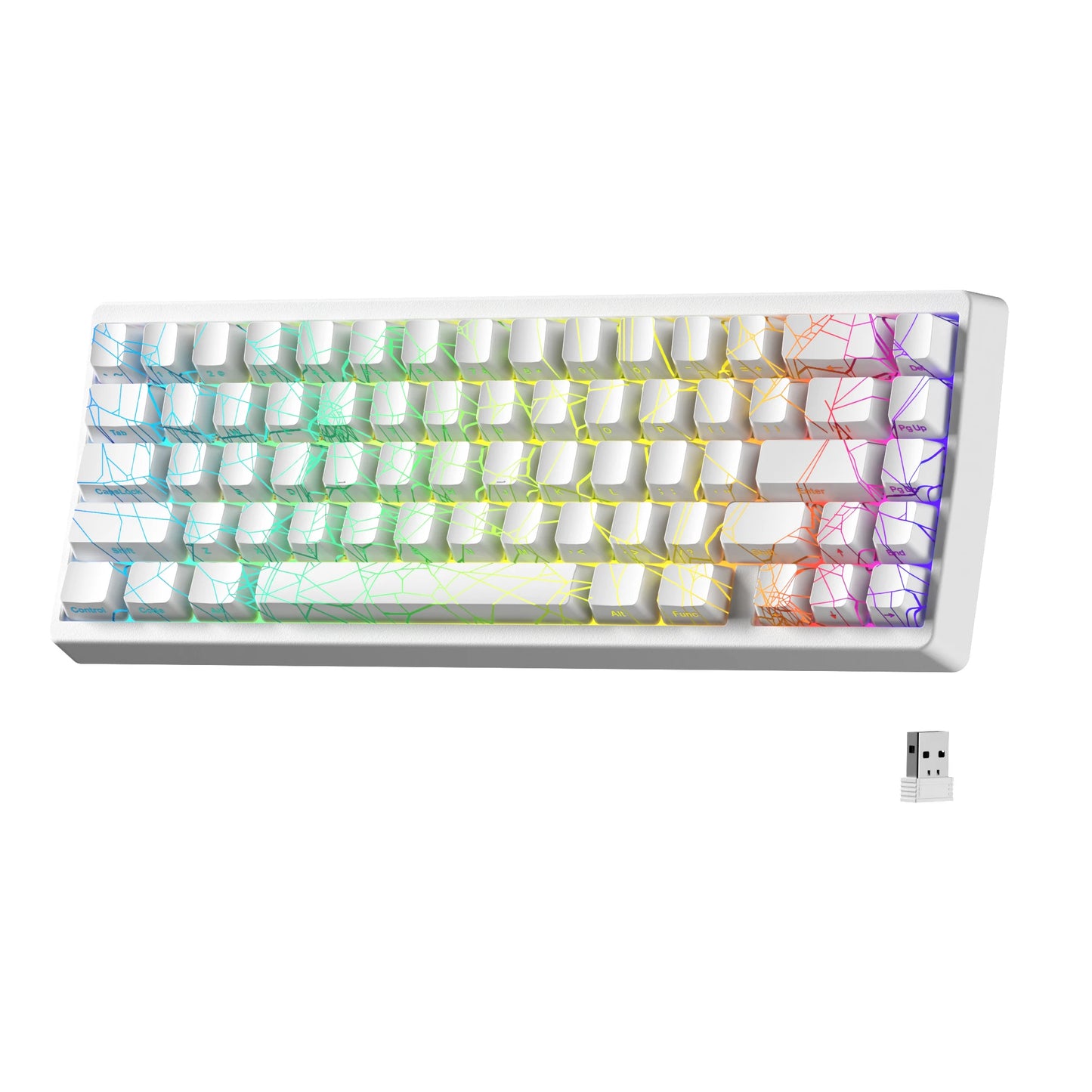 Colorful keyboard with USB receiver on a white background