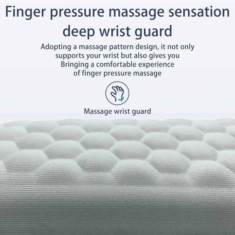 Massage wrist guard with text describing its features on a white background