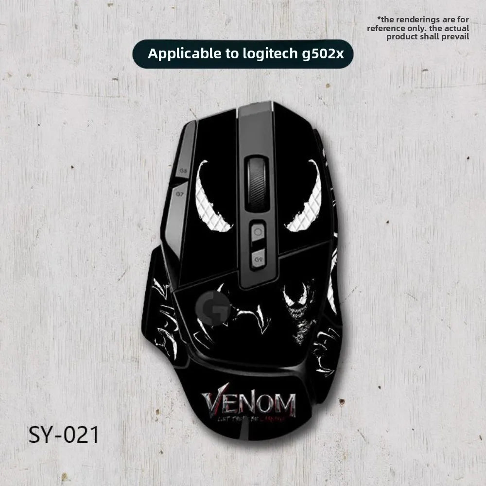 Gaming mouse with 'Venom' design on a light gray background