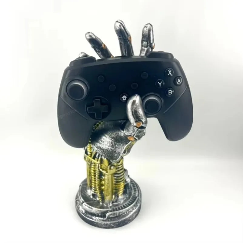 Gaming controller with mechanical hand design on a white background
