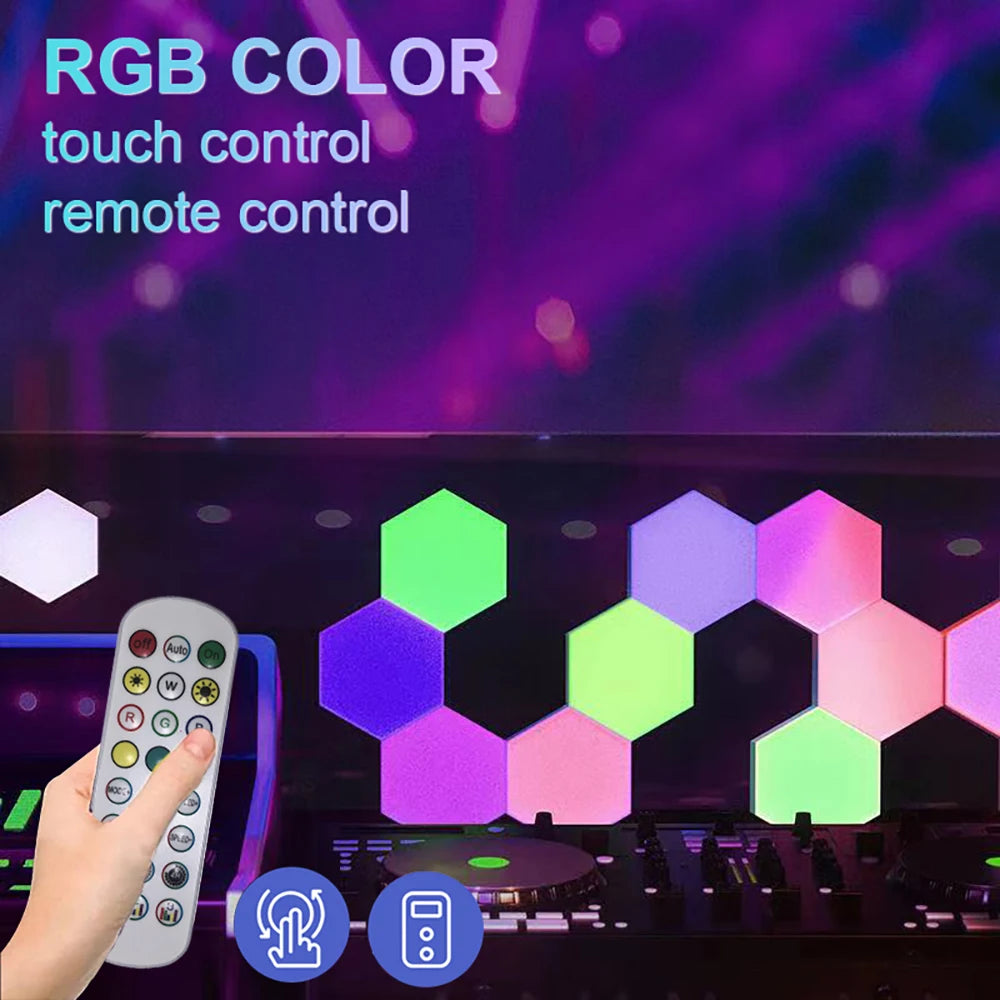 Hexagonal RGB lights with remote control on a dark background