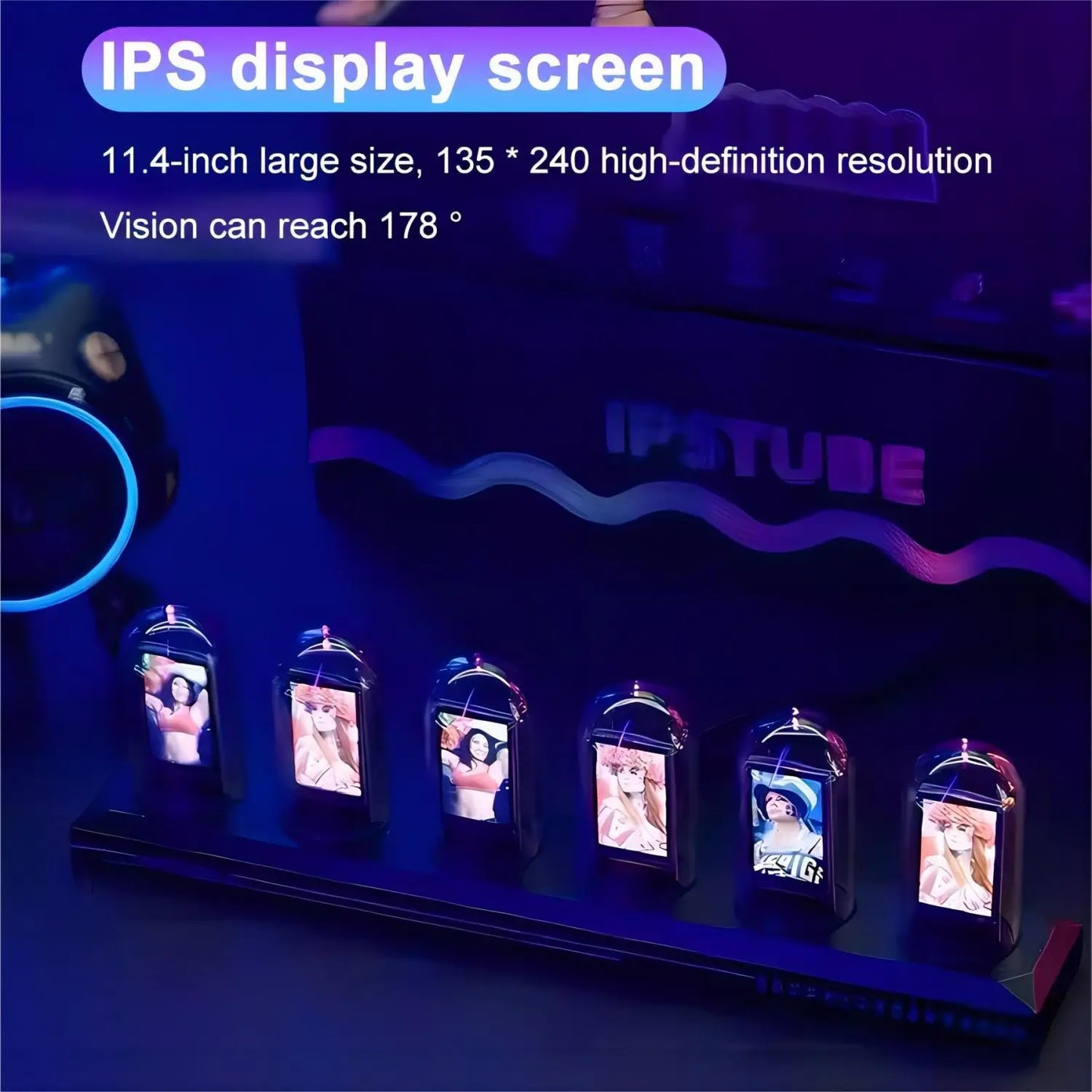 Display of multiple small screens with IPS display screen features highlighted.