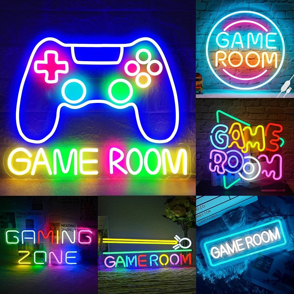 Collage of neon signs with 'Game Room' and gaming controller designs.