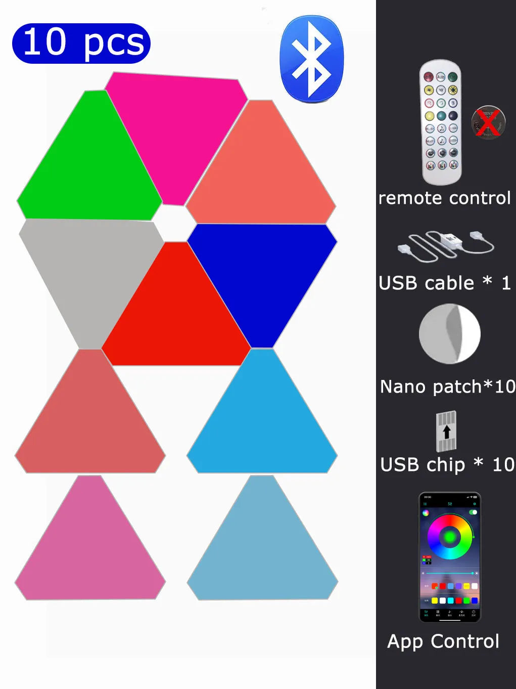 Colorful triangular LED lights with Bluetooth and remote control features, displayed against a white background.