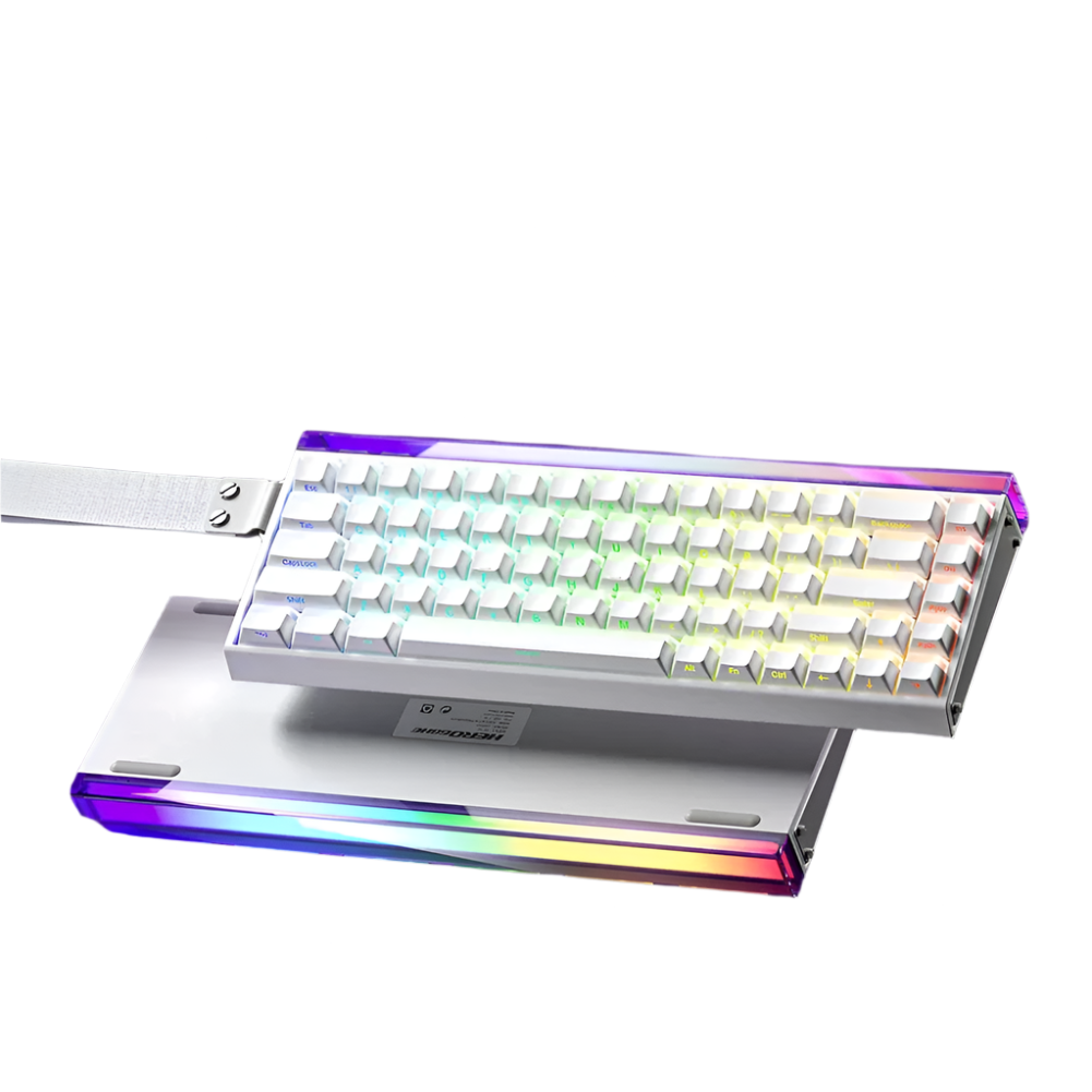 Aula Hero 68HE magnetic switch keyboard with keycaps and switch details on a purple background