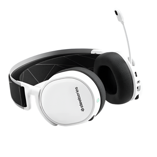 White gaming headset with black ear cushions on a white background