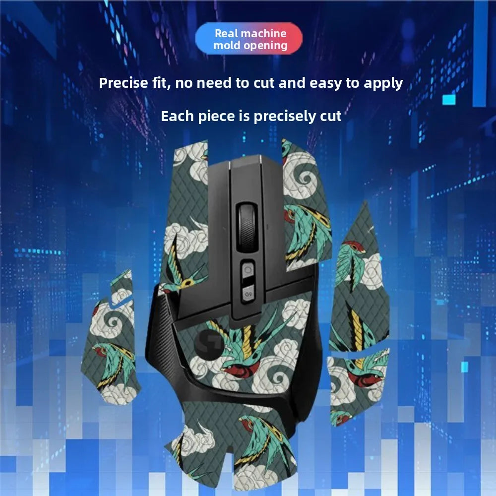 Mouse with decorative case on a blue tech-themed background