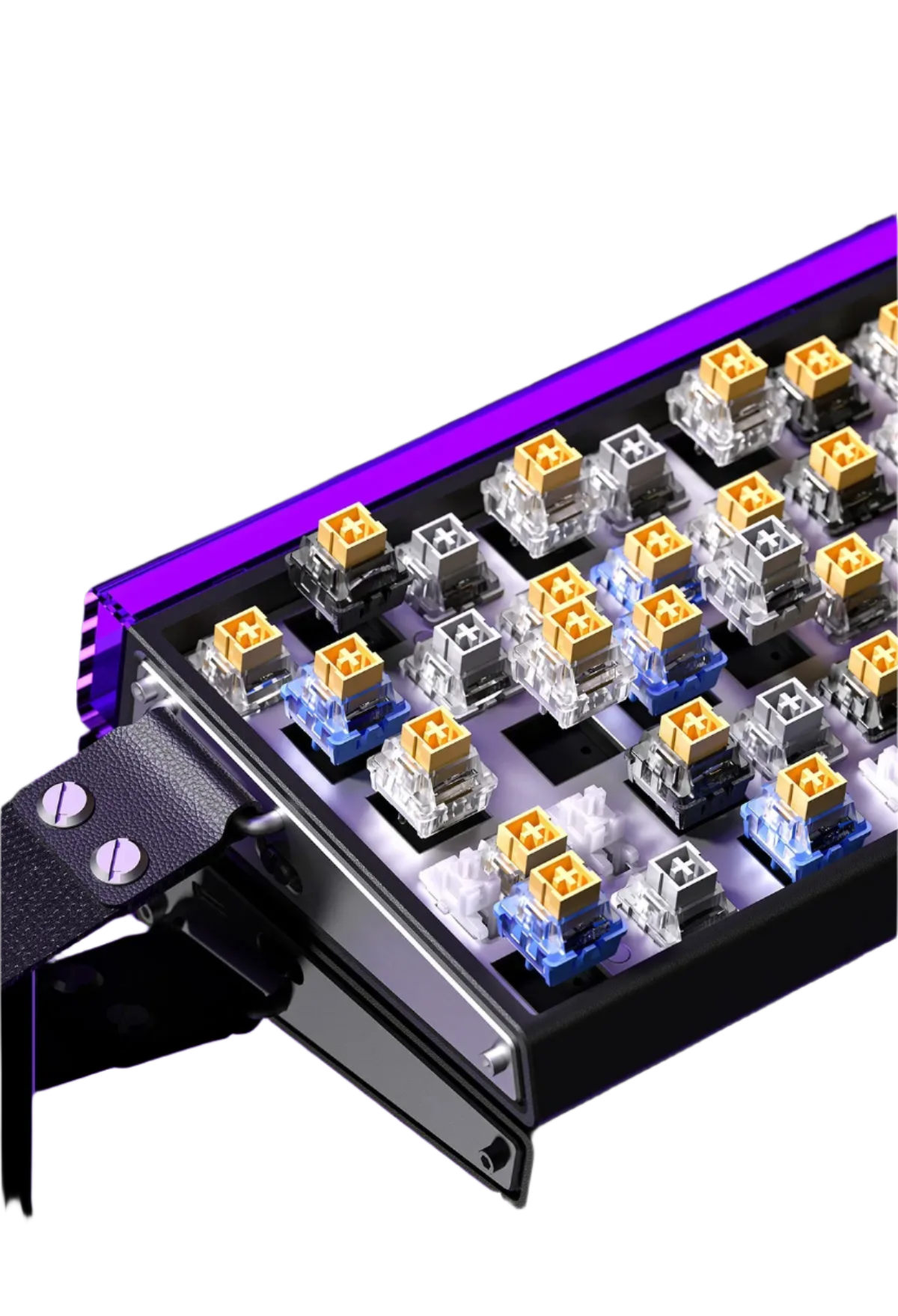 Close-up of a mechanical keyboard switch module with text about mixed switch gameplay support.