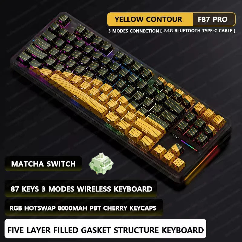 Mechanical keyboard with yellow contour design on a dark background