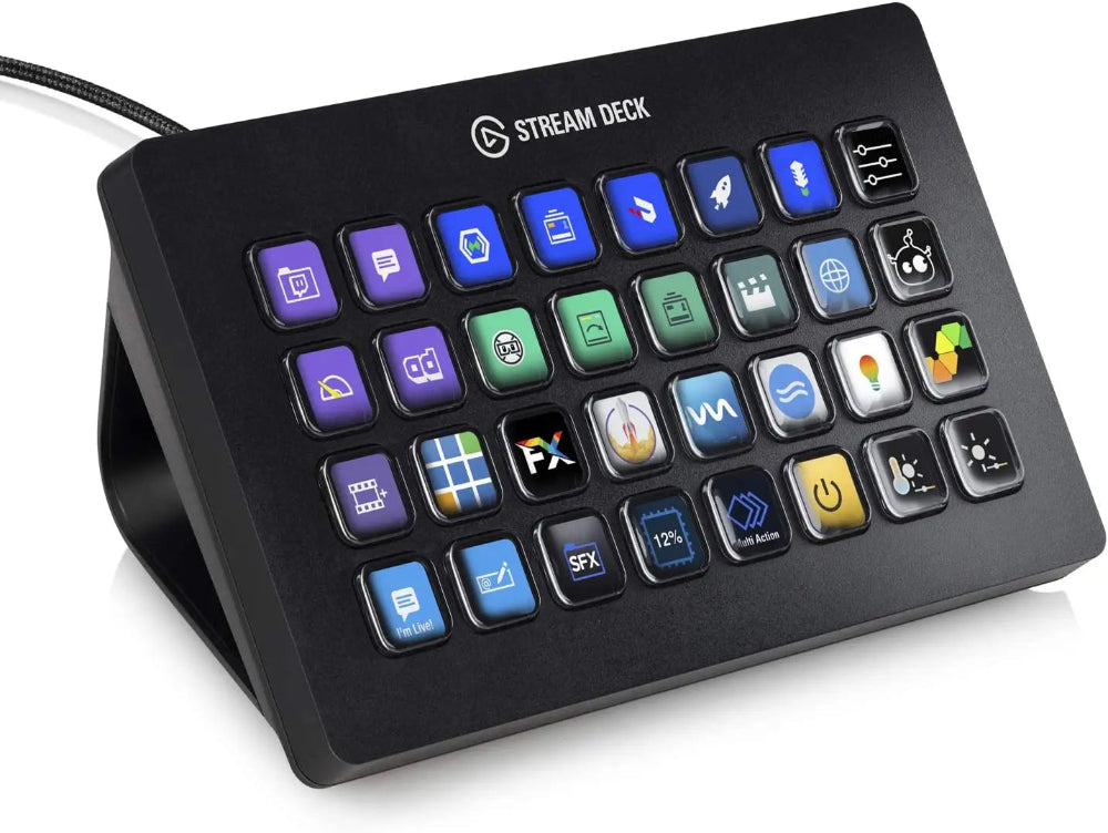 Black digital controller with colorful buttons on a white background