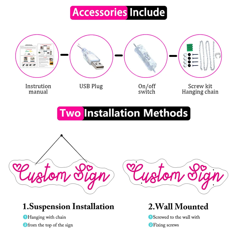 Product packaging with installation details and accessories listed on a white background