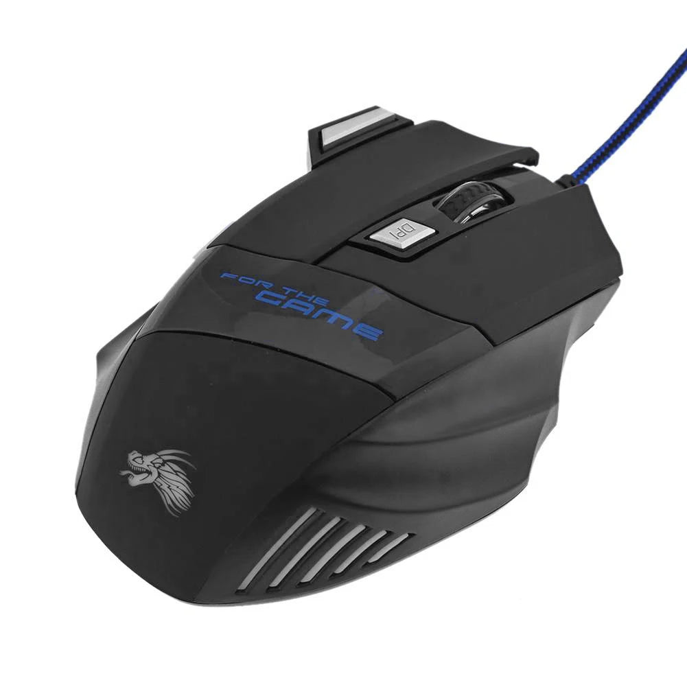 Black gaming mouse with blue text on a white background