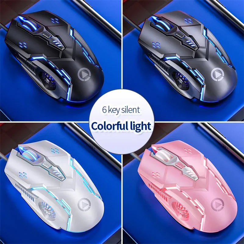 Four different colored gaming mice on a blue background with text highlighting features.