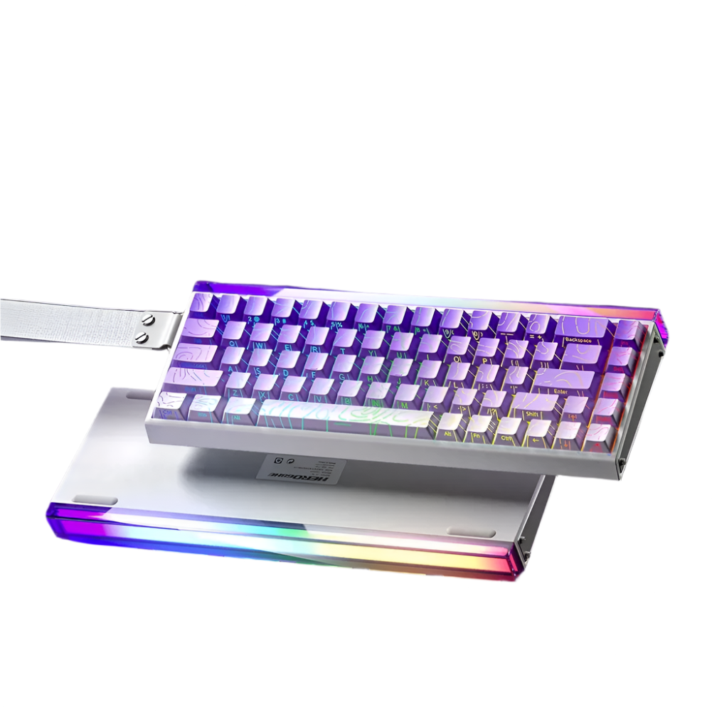 Aula Hero 68HE magnetic switch keyboard with purple and white keycaps on a dark background